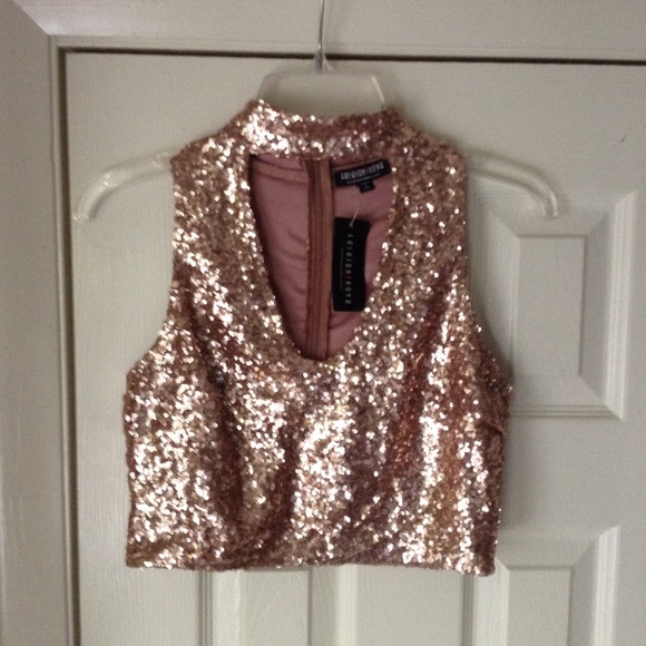 Fashion Nova Rose Gold Sequin Cropped Top - Picture 2 of 6